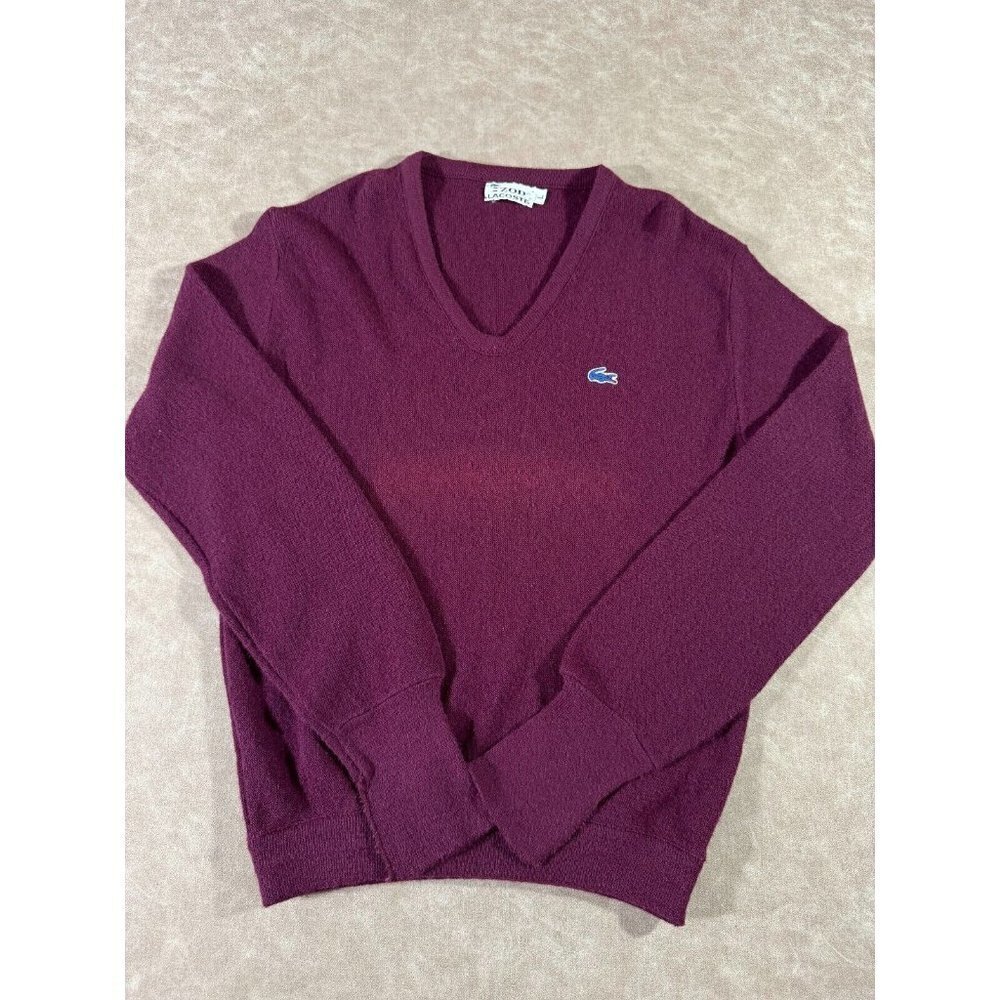 VTG Izod Lacoste Men Logo Sweater V Neck Pullover Long Sleeve Soft Knit Maroon L